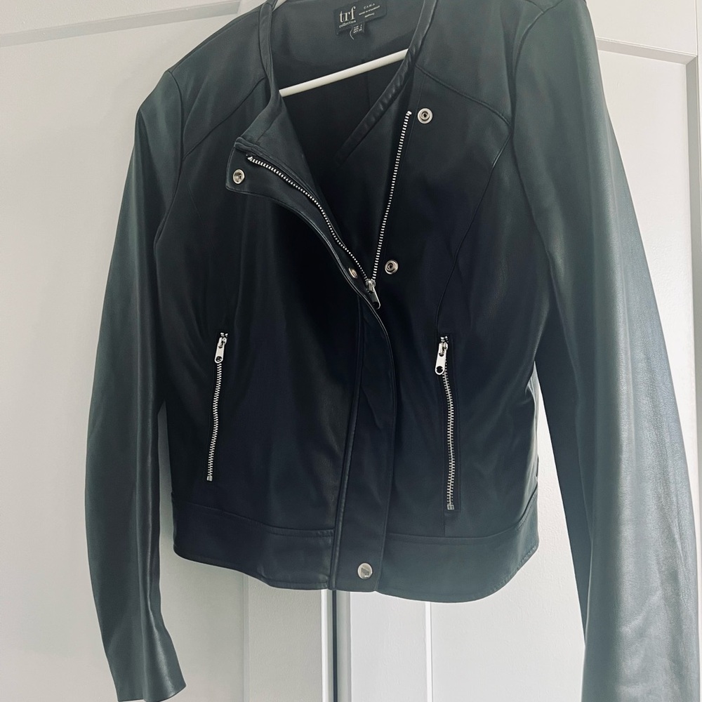 Zara Black Leather Jacket with Silver Accents, Size Large - Picture 3 of 12